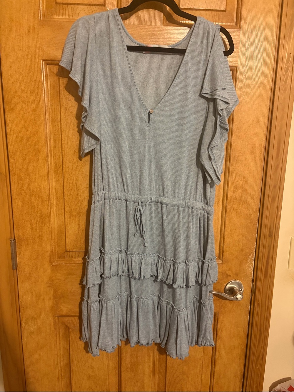 Free People Beach Tiered Ruffle Dress in Light Blue with Drawstring Waist